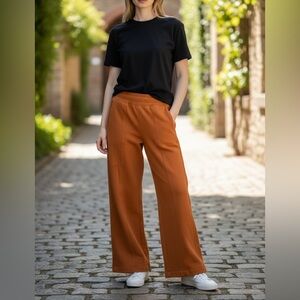 Athleta Pumpkin Orange Wide Leg Joggers High Waist XXS‎ Zip Pockets Thick Jersey